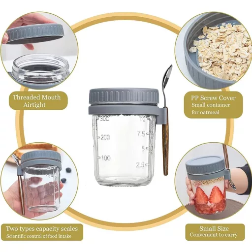 Generisch 2 db Overnight Oats üveg tetővel és kanállal, 350 ml, légmentes tárolóedény