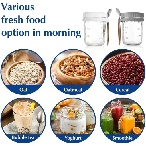 Generisch 2 buc. Overnight Oats, borcan cu capac și lingură, 350 ml, recipient de depozitare etanș