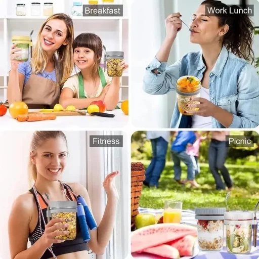Generisch 2 db Overnight Oats üveg tetővel és kanállal, 350 ml, légmentes tárolóedény