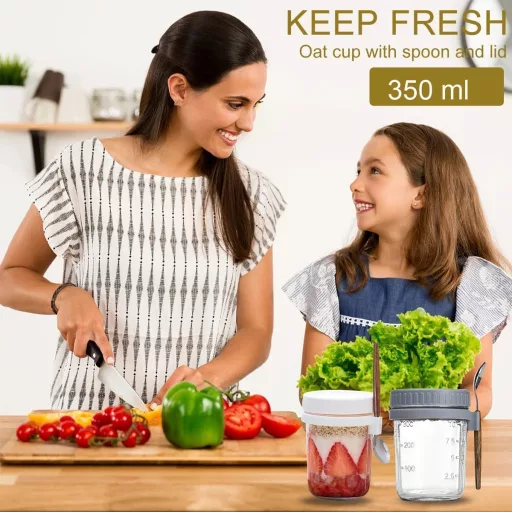 Generisch 2 db Overnight Oats üveg tetővel és kanállal, 350 ml, légmentes tárolóedény