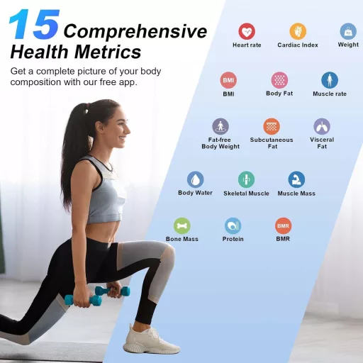Osobná diagnostická váha Healthkeep s analýzou zloženia tela, 15 funkciami, meraním srdcového tepu, BMI a aplikáciou pre iOS a Android