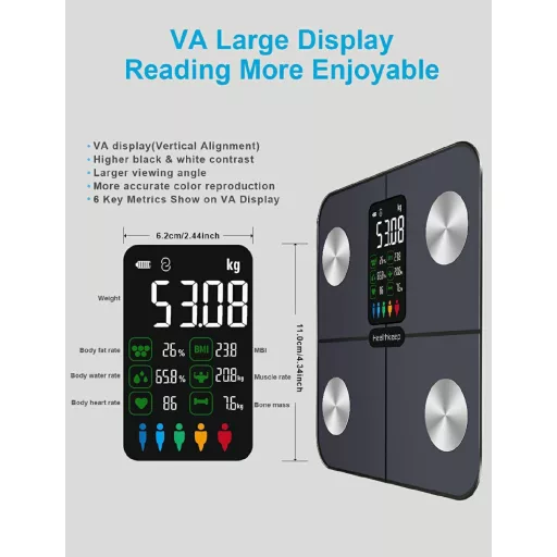 Healthkeep testösszetétel elemző mérleg 15 adattal, szívfrekvencia és BMI mérés, iOS Android alkalmazás