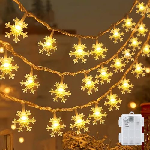 cshare LED Hópehely Fényfüzér - 6m, 40 LED, Elemes, Időzítővel, IP65 Vízálló, Meleg Fehér Dekoráció Kertbe, Kempinghez, Karácsonyra, Beltérr