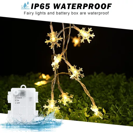 cshare LED Hópehely Fényfüzér - 6m, 40 LED, Elemes, Időzítővel, IP65 Vízálló, Meleg Fehér Dekoráció Kertbe, Kempinghez, Karácsonyra, Beltérr