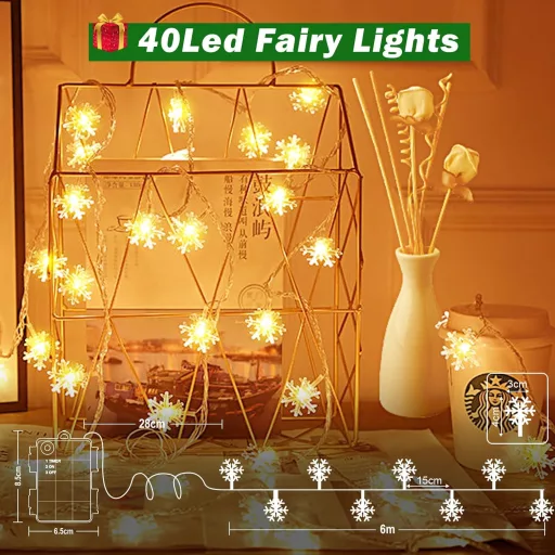 cshare LED Hópehely Fényfüzér - 6m, 40 LED, Elemes, Időzítővel, IP65 Vízálló, Meleg Fehér Dekoráció Kertbe, Kempinghez, Karácsonyra, Beltérr