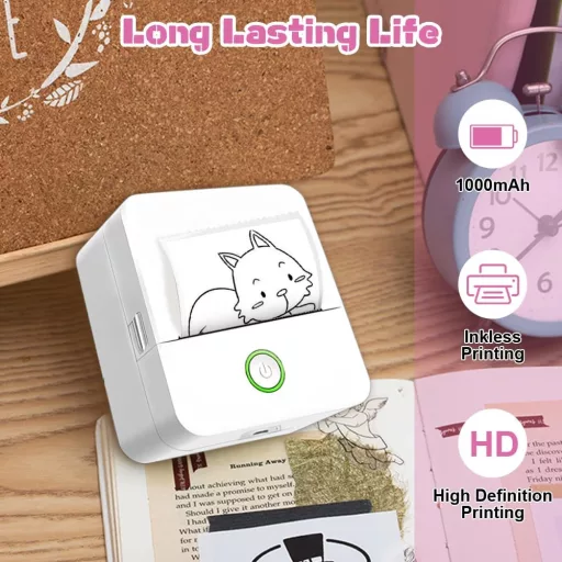 Panthem Mini Bluetooth Hőpapíros Nyomtató Okostelefonhoz - Hordozható Fotó és Címke Nyomtató 13 Papírtekerccsel, Színes Ceruzákkal, iOS/Andr