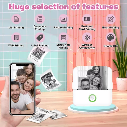 Imprimantă termică Bluetooth Panthem Mini pentru smartphone-uri - Imprimantă portabilă foto și etichete cu 13 role de hârtie și creioane colorate, iOS/Andr