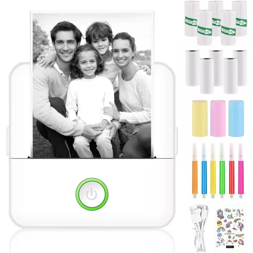 Panthem Mini Bluetooth Hőpapíros Nyomtató Okostelefonhoz - Hordozható Fotó és Címke Nyomtató 13 Papírtekerccsel, Színes Ceruzákkal, iOS/Andr