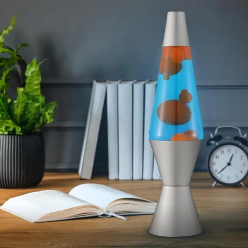 Lava 2117 Lávalámpa Narancssárga Viasz Kék Folyadék Ezüst Alap 37cm