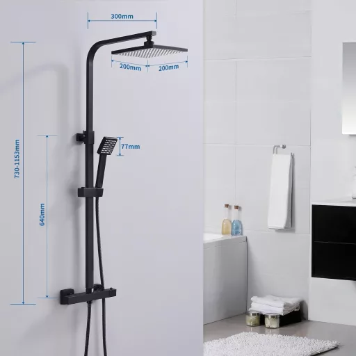 Sistem de duș termostatic HOMELODY negru, cu duș tip ploaie din inox și duș fix și duș de mână