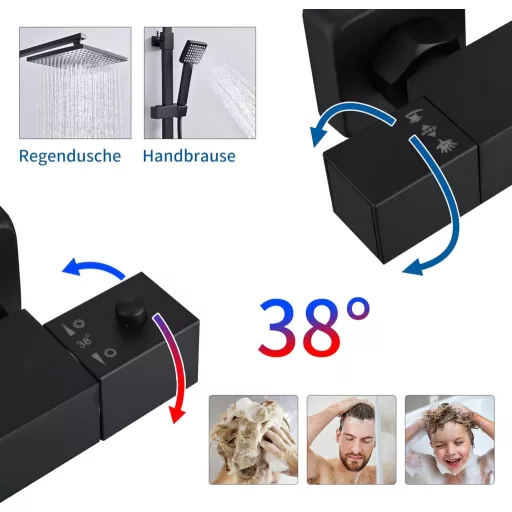 Sistem de duș termostatic HOMELODY negru, cu duș tip ploaie din inox și duș fix și duș de mână