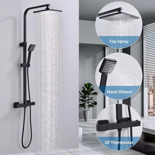 Sistem de duș termostatic HOMELODY negru, cu duș tip ploaie din inox și duș fix și duș de mână