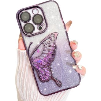   AIGOMARA Trblietavý obal pre iPhone 15 Pro Max, 3D Motýľový Vzor Tekutý Pieskový Ochranný Kryt s ochranou kamery, Tenký TPU Nárazník