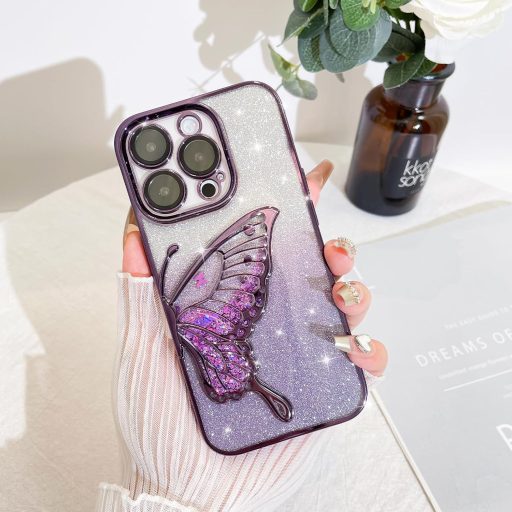 AIGOMARA Trblietavý obal pre iPhone 15 Pro Max, 3D Motýľový Vzor Tekutý Pieskový Ochranný Kryt s ochranou kamery, Tenký TPU Nárazník