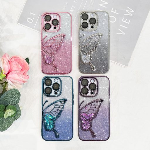 AIGOMARA Trblietavý obal pre iPhone 15 Pro Max, 3D Motýľový Vzor Tekutý Pieskový Ochranný Kryt s ochranou kamery, Tenký TPU Nárazník