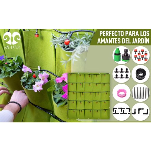 Függőleges Kert szett 25 Zsebbel - Csepegtetős Öntözőrendszerrel, 90 Részes Készlet, Fali Növénytartó Rendszer