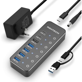   RSHTECH USB C 3.2 Hub 7 Portos Aktív Tápegységgel, 10 Gbps Adatátvitel, 3x Type-C + 4x USB 3.0 Port, Érintős Kapcsoló, 100cm Kábel