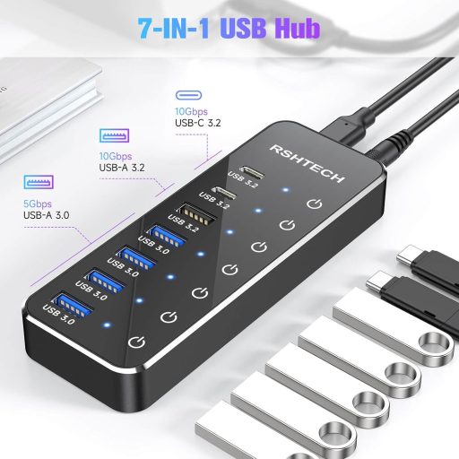 RSHTECH USB C 3.2 Hub 7 Portos Aktív Tápegységgel, 10 Gbps Adatátvitel, 3x Type-C + 4x USB 3.0 Port, Érintős Kapcsoló, 100cm Kábel