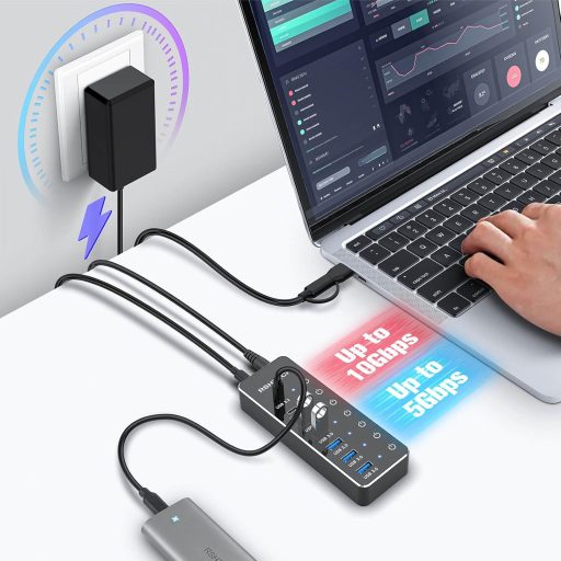 RSHTECH USB C 3.2 Hub 7 Portos Aktív Tápegységgel, 10 Gbps Adatátvitel, 3x Type-C + 4x USB 3.0 Port, Érintős Kapcsoló, 100cm Kábel