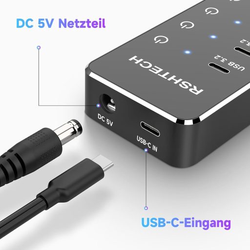 RSHTECH USB C 3.2 Hub 7 Portos Aktív Tápegységgel, 10 Gbps Adatátvitel, 3x Type-C + 4x USB 3.0 Port, Érintős Kapcsoló, 100cm Kábel