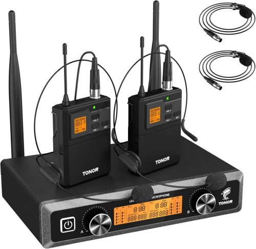 Set microfon wireless TONOR UHF TW822 cu microfon tip cască și lavalieră, 10 frecvențe, rază de acțiune 60m, pentru cântat, karaoke