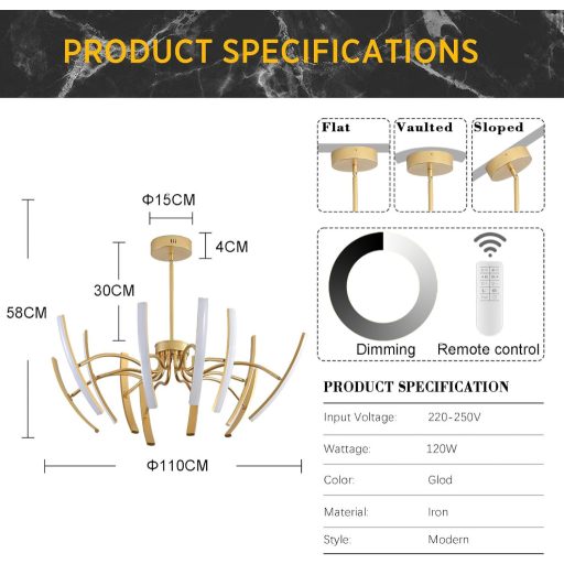 Minifair 120W Lustră de plafon aurie - Lampă suspendată modernă cu intensitate reglabilă și corp LED rotativ, 3000-6000K, cu telecomandă, Nappa