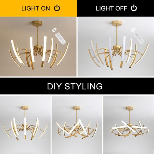 minifair 120W Arany Mennyezeti Csillár - Szabályozható Fényerejű Modern Függőlámpa Forgatható LED Testtel, 3000-6000K, Távirányítóval, Nappa