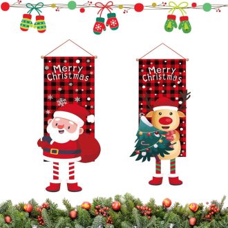   UFURMATE Karácsonyi Kerti Zászló 2 db, Mikulás és Szarvas Mintás Piros-Fekete Kockás Dekoráció