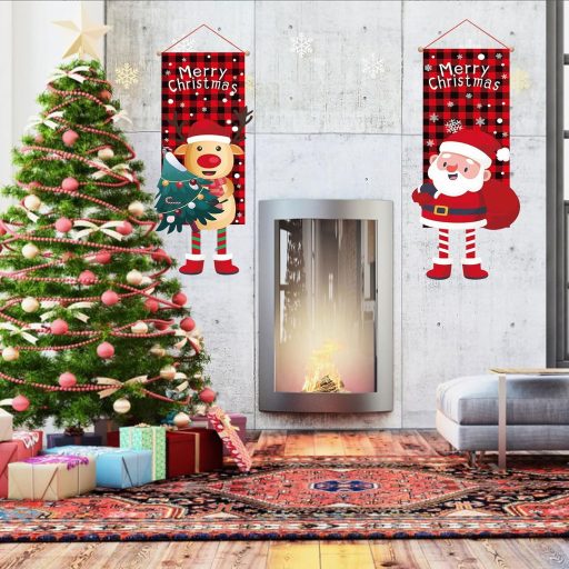 UFURMATE Karácsonyi Kerti Zászló 2 db, Mikulás és Szarvas Mintás Piros-Fekete Kockás Dekoráció
