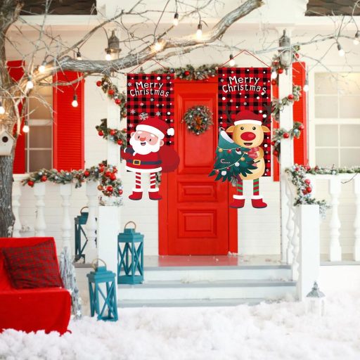 UFURMATE Karácsonyi Kerti Zászló 2 db, Mikulás és Szarvas Mintás Piros-Fekete Kockás Dekoráció