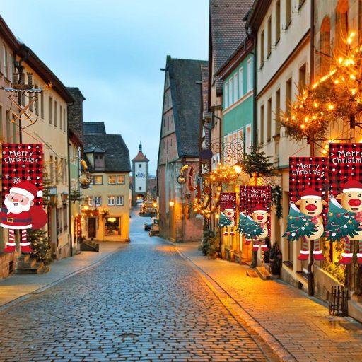 UFURMATE Karácsonyi Kerti Zászló 2 db, Mikulás és Szarvas Mintás Piros-Fekete Kockás Dekoráció