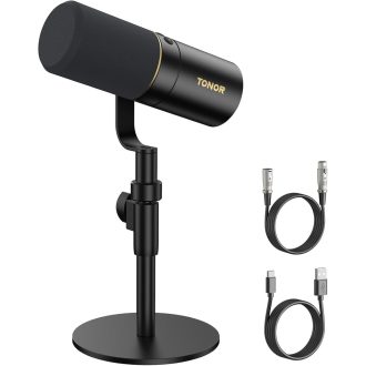  TONOR TD520 Dinamikus USB/XLR Mikrofon Asztali Állvánnyal - PC Gaming és Podcast Felvételhez, YouTube Streameléshez, Némító Gombbal, 3.5mm C