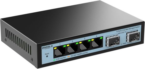 SODOLA 2.5G 6 portos menedzselhető switch 2 db 10G SFP+ porttal, QoS és VLAN támogatással