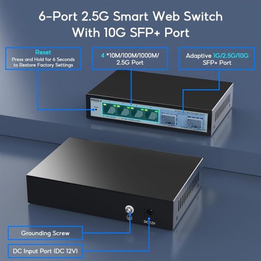 SODOLA 2.5G Webovo Spravovateľný Switch - 4 x 2.5G RJ45 + 2 x 10G SFP+ Port, 60Gbps Pásmo, Podpora VLAN/QoS, Kovové Šasi, Sieťový Prepínač