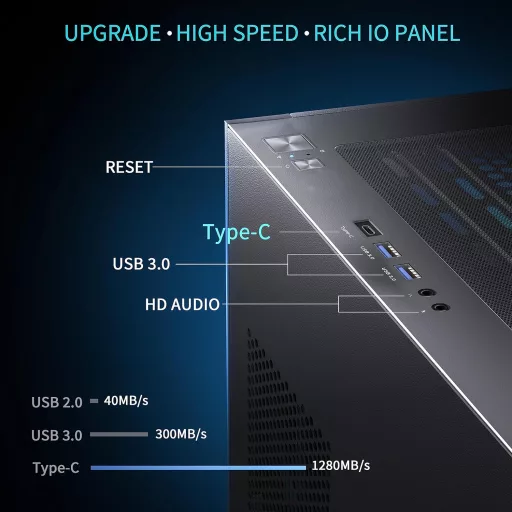 MUSETEX K2 ATX Számítógépház 6 ARGB Ventilátor, Panoráma Üveg, Type-C, Fekete