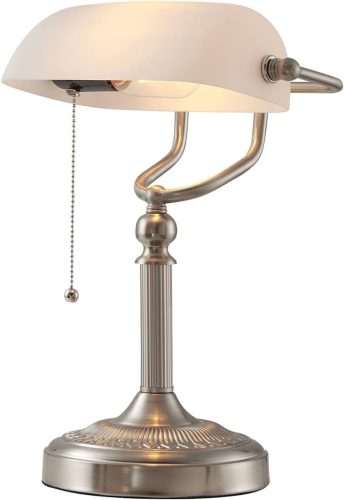 Newrays Biela Bankárska Lampa so Skleneným Tienidlom Stolné Svetlo s Ťahovým Spínačom - Klasická Stolná Lampa s Päticou E27, 220V