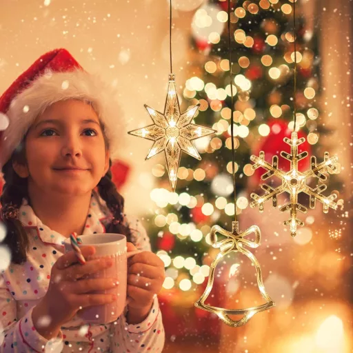 Set 3 bucăți Qtuie decorațiuni LED de Crăciun pentru geam - Model Stea, Fulg de Nea, Clopot - Cu ventuze, pe baterii, ghirlandă luminoasă Alb Cald