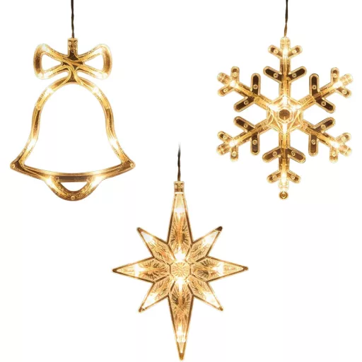 Set 3 bucăți Qtuie decorațiuni LED de Crăciun pentru geam - Model Stea, Fulg de Nea, Clopot - Cu ventuze, pe baterii, ghirlandă luminoasă Alb Cald