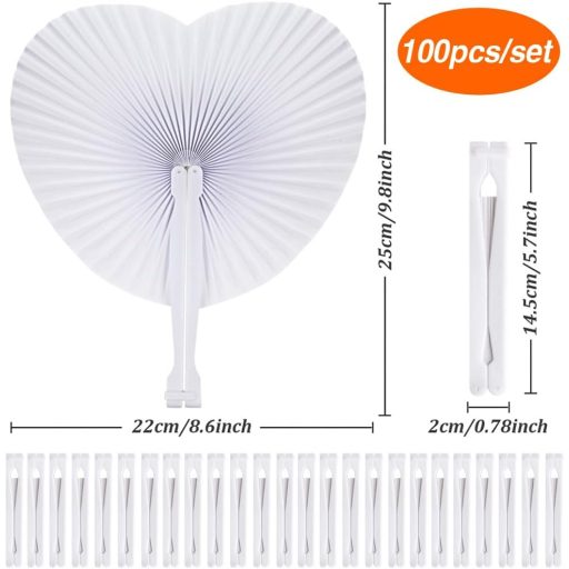SXUUXB 100 db Esküvői Papír Legyező Fehér Kézilegyező Szív Alakú Összecsukható Legyező Esküvőre Ajándék Dekoráció Születésnap Parti
