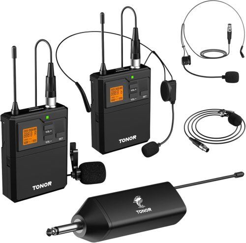 TONOR UHF Vezeték Nélküli Mikrofon Szett - Dupla Fejpántos és Csíptetős Mikrofonnal, 60m Hatótáv, 5 Frekvencia, 6.35mm Csatlakozó