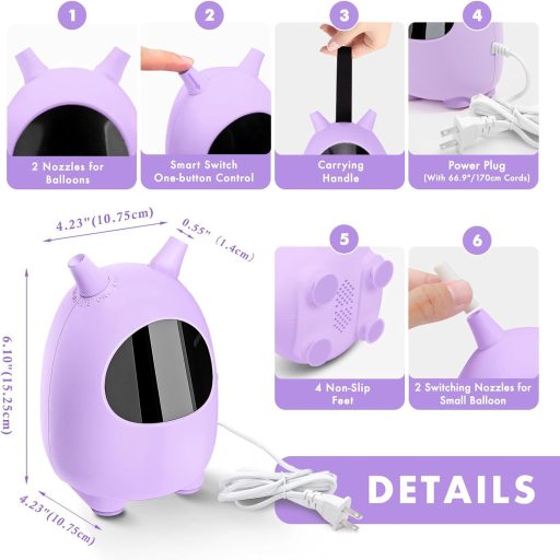 Pompă electrică de umflat baloane FITMITE cu duză dublă - Umflător portabil pentru decorațiuni de petrecere, putere 600W, mov
