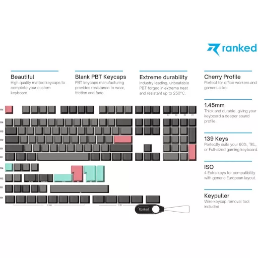 Set de taste Blank Ranked Premium, 1.4mm PBT, Profil Cherry, pentru tastatură mecanică, 139 taste