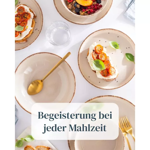 Pure Living Ibiza Kőedény Étkészlet 6 Személyre - 24 Részes Rusztikus Tányér és Tálkészlet Bézs Színben, Mosogatógépben Mosható