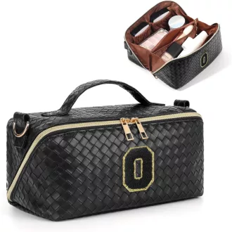   Geantă de machiaj Deciniee pentru femei, cu litera O - Trusă cosmetică impermeabilă cu curea de umăr ajustabilă, Negru, 24x16x13 cm