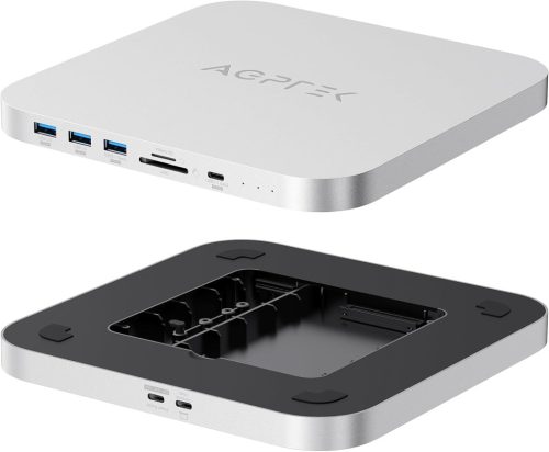 AGPTEK Type-C Hub Mac Mini M1 M2 Dokkoló Állomás - NVMe/SATA SSD Bővítőhely, Kártyaolvasó, USB Portok, Ezüst