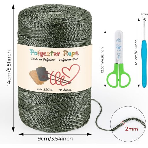 estcoo Makramé Polipropilén Kötél 2mm x 250m Olívazöld - Ollóval és Horgolótűvel