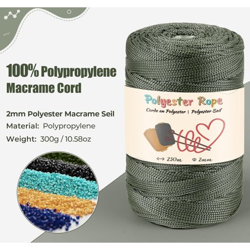 estcoo Makramé Polipropilén Kötél 2mm x 250m Olívazöld - Ollóval és Horgolótűvel