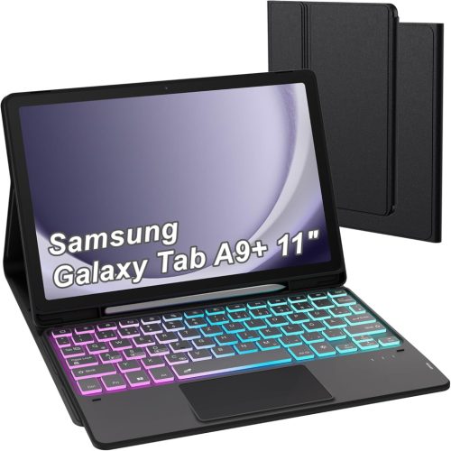 ROOFEI Samsung Galaxy Tab A9 Plus Tok QWERTZ Billentyűzettel - 7 Színű RGB Háttérvilágítás, Bluetooth, Levehető Billentyűzet Trackpaddal, 11