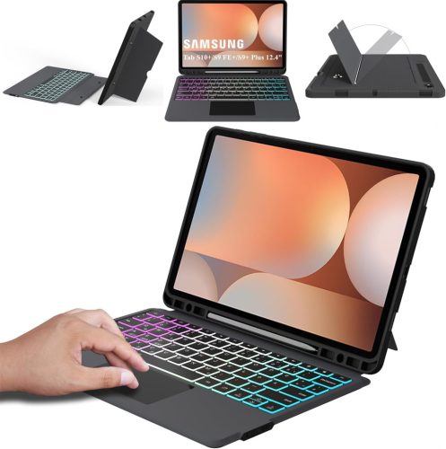 Husă cu tastatură Bluetooth ROOFEI pentru tabletă Samsung Galaxy Tab S9 FE+/S9+/S10+ 12,4" - Tastatură QWERTZ detașabilă cu iluminare de fundal RGB T