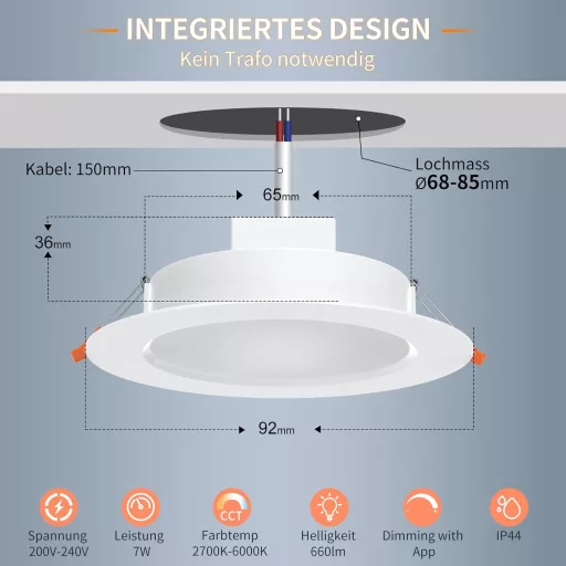 Spot LED încastrabil DUSKTEC compatibil cu Alexa, lampă inteligentă de tavan 7W, control prin aplicație și vocal, lumină caldă-rece, 6 bucăți